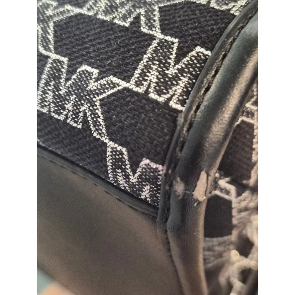 Michael Kors Large Tote Bag Black Silver MK Logo Jacquard Metallic Stripe
